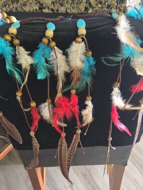 Bohemian Feather & Bead Adjustable Head Or Hat Band - Turquoise, Red, Tan
